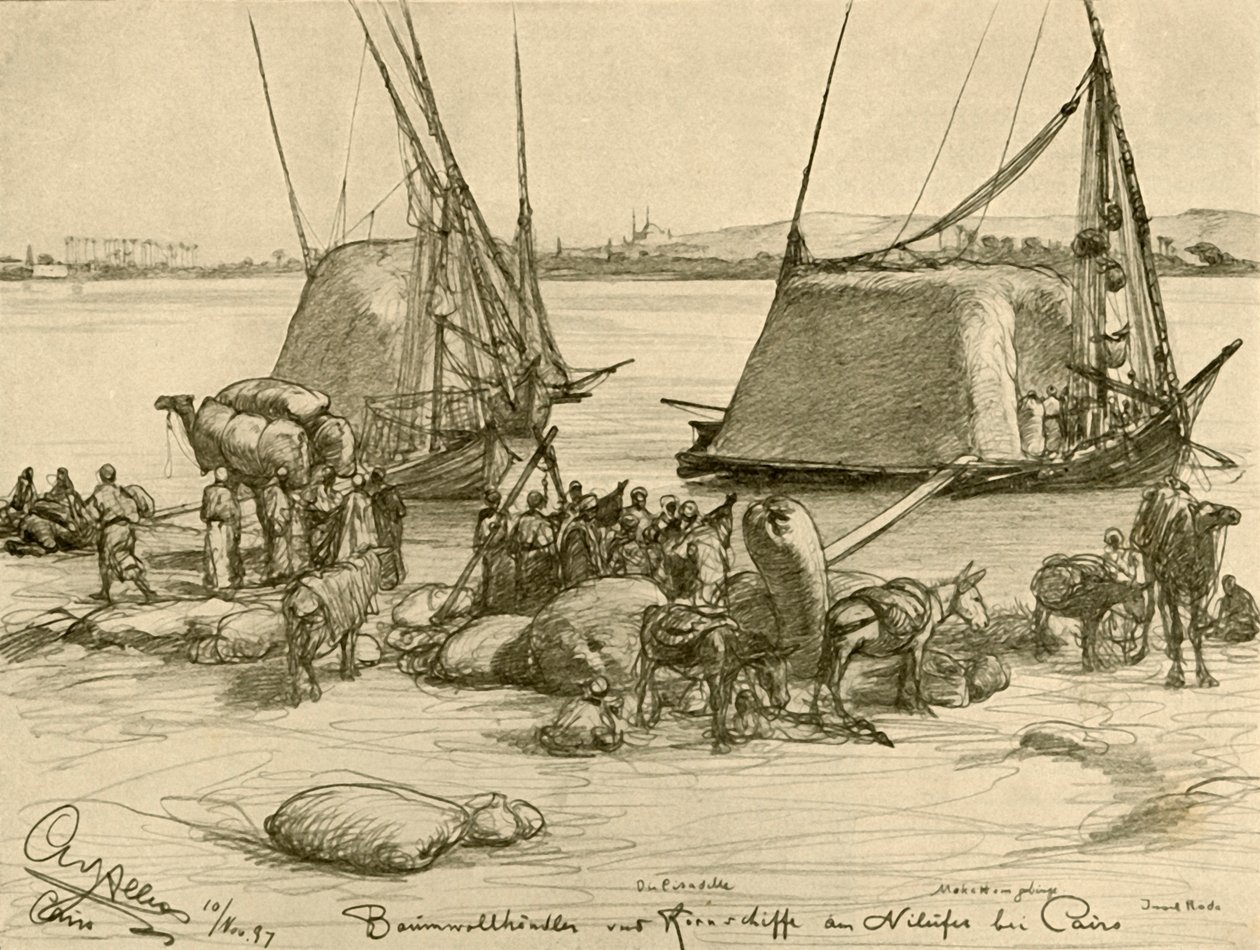 Lastning af bomuld på kornbåde, Nilen, Kairo, Egypten, 1898. af Christian Wilhelm Allers