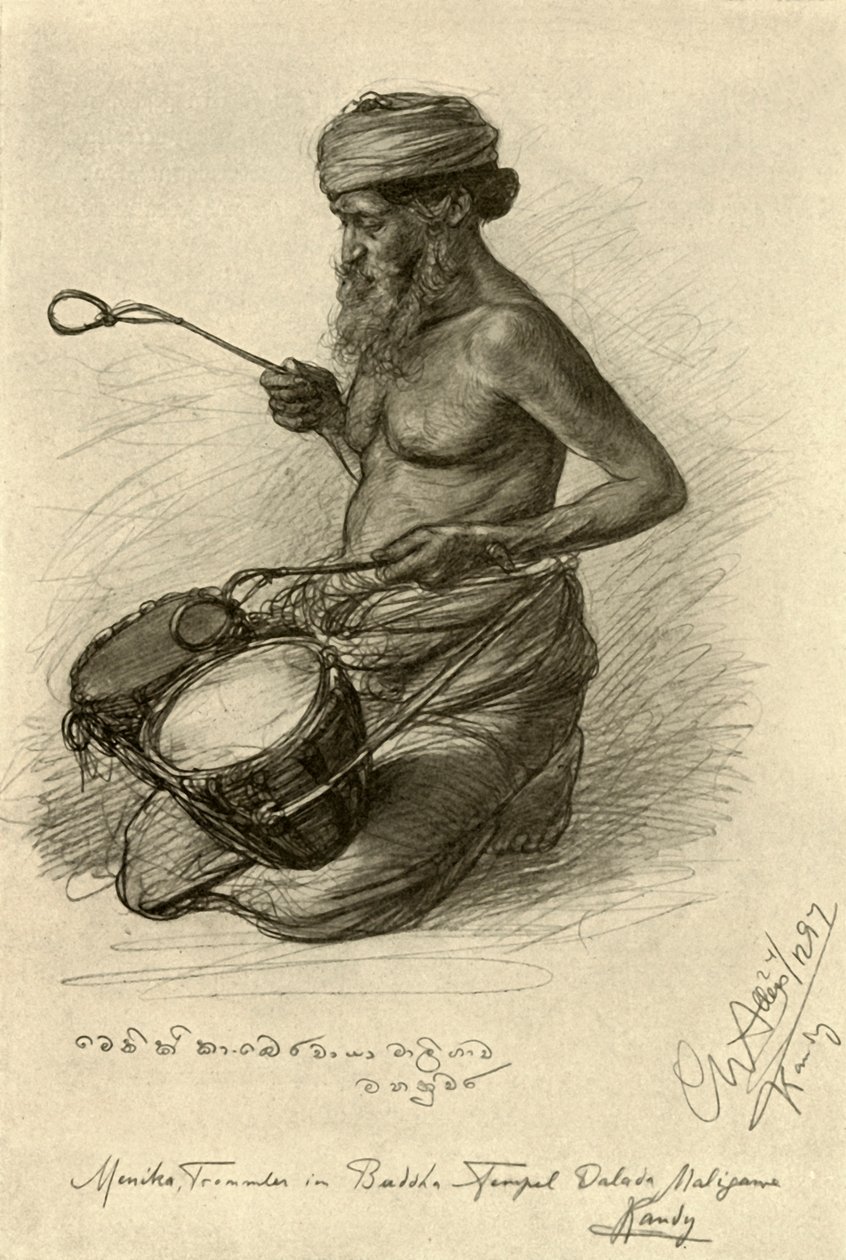 Menika - trommeslager ved Tandtemplet, Kandy, Ceylon, 1898. af Christian Wilhelm Allers