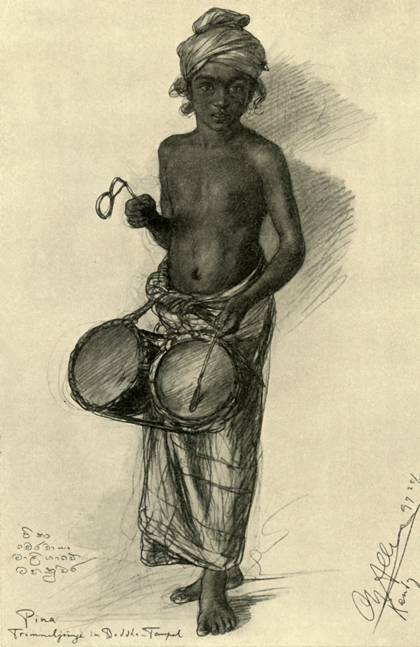 Pina - trommeslager dreng i et buddhistisk tempel, Kandy, Ceylon, 1898. af Christian Wilhelm Allers
