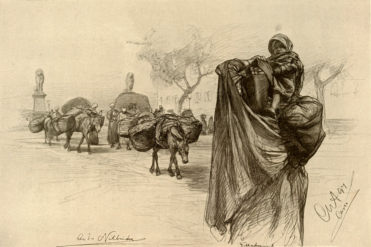 Kvinde og barn nær Kobri el Gezira-broen, Kairo, 1898. af Christian Wilhelm Allers