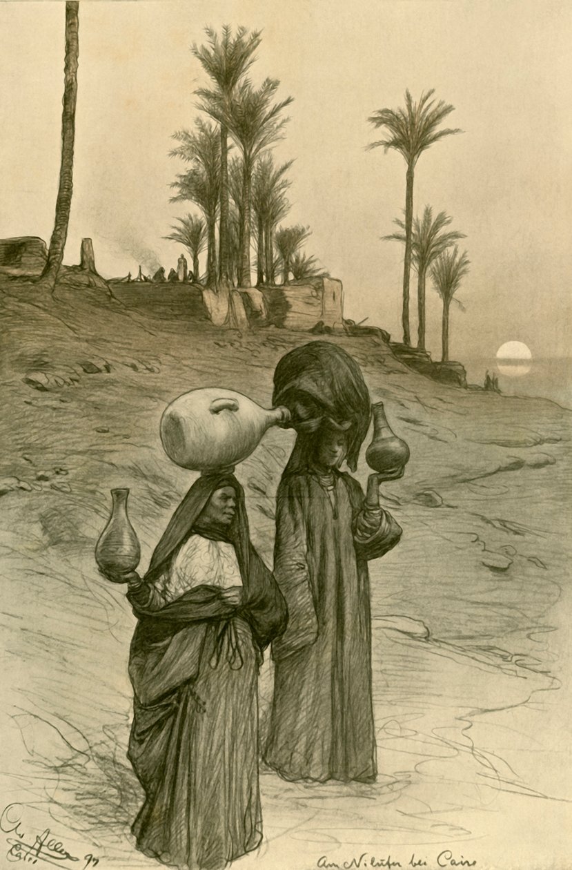 Kvinder bærer vandpotter på bredden af Nilen, Cairo, Egypten, 1898. af Christian Wilhelm Allers