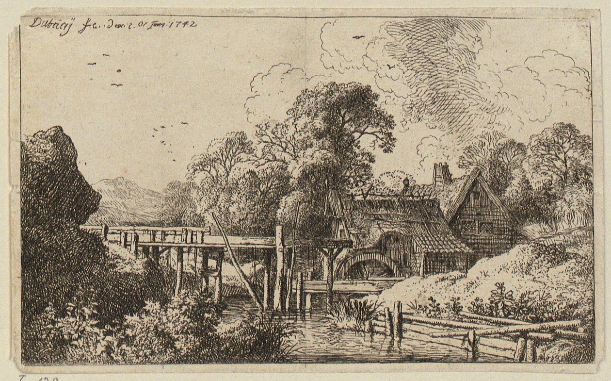 En mølle med en høj vandrende af Christian Wilhelm Ernst Dietrich