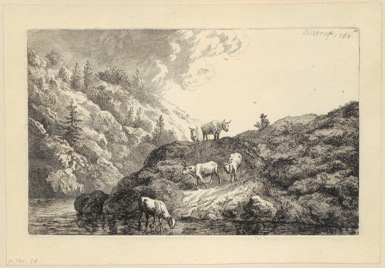 En dyreflok ved floden [Okser drevet til vandingsstedet] af Christian Wilhelm Ernst Dietrich