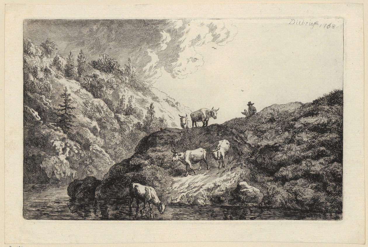 En dyreflok ved floden [Okser drevet til vandingsstedet] af Christian Wilhelm Ernst Dietrich