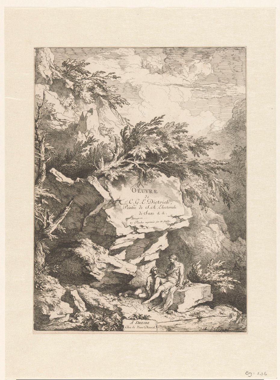 Klippelandskab med to figurer hvilende på en sten Oeuvre af C. G. E. Dietrich (serietitel) Oeuvre de C. G. E. Dietrich, Peintre de S. A. Electorale de Saxe (...) (serietitel på objekt) af Christian Wilhelm Ernst Dietrich