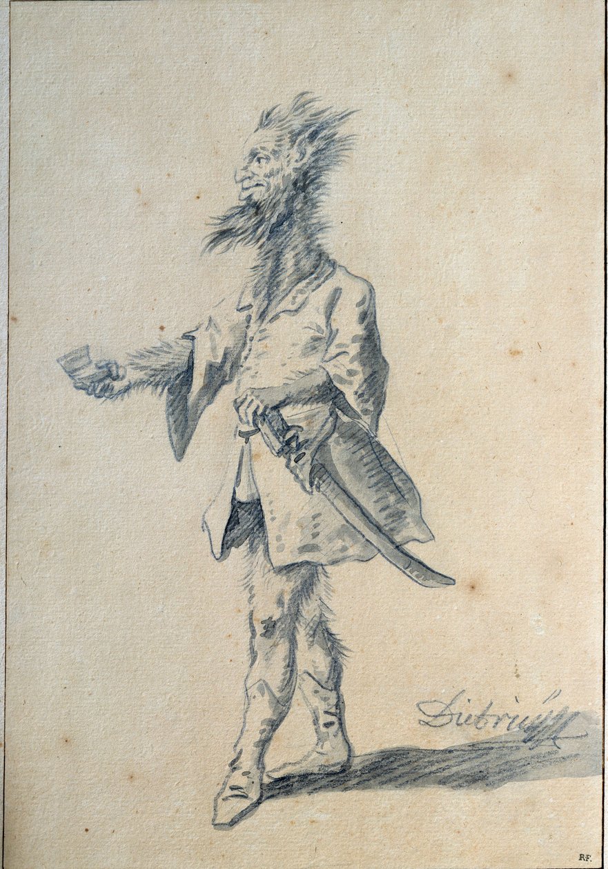 Vildmanden Karikatur, der forestiller en monstrøs mand med en lang, behåret hals og flækkede ører. Lavis af Christian Wilhelm Ernst Dietrich (1712-1774) 1700-tallet søn. 0,3x0,2 m Paris, Louvre-museet af Christian Wilhelm Ernst Dietrich