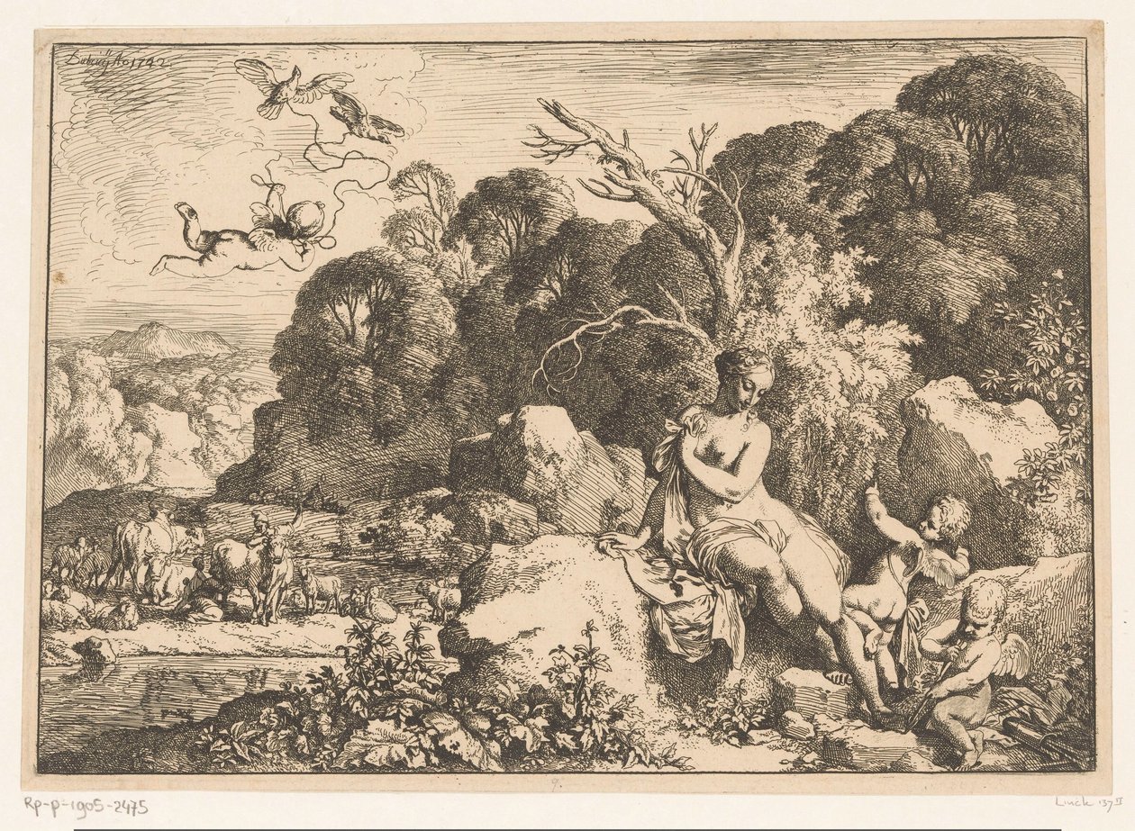 Venus sidder på en sten, ledsaget af tre putti af Christian Wilhelm Ernst Dietrich
