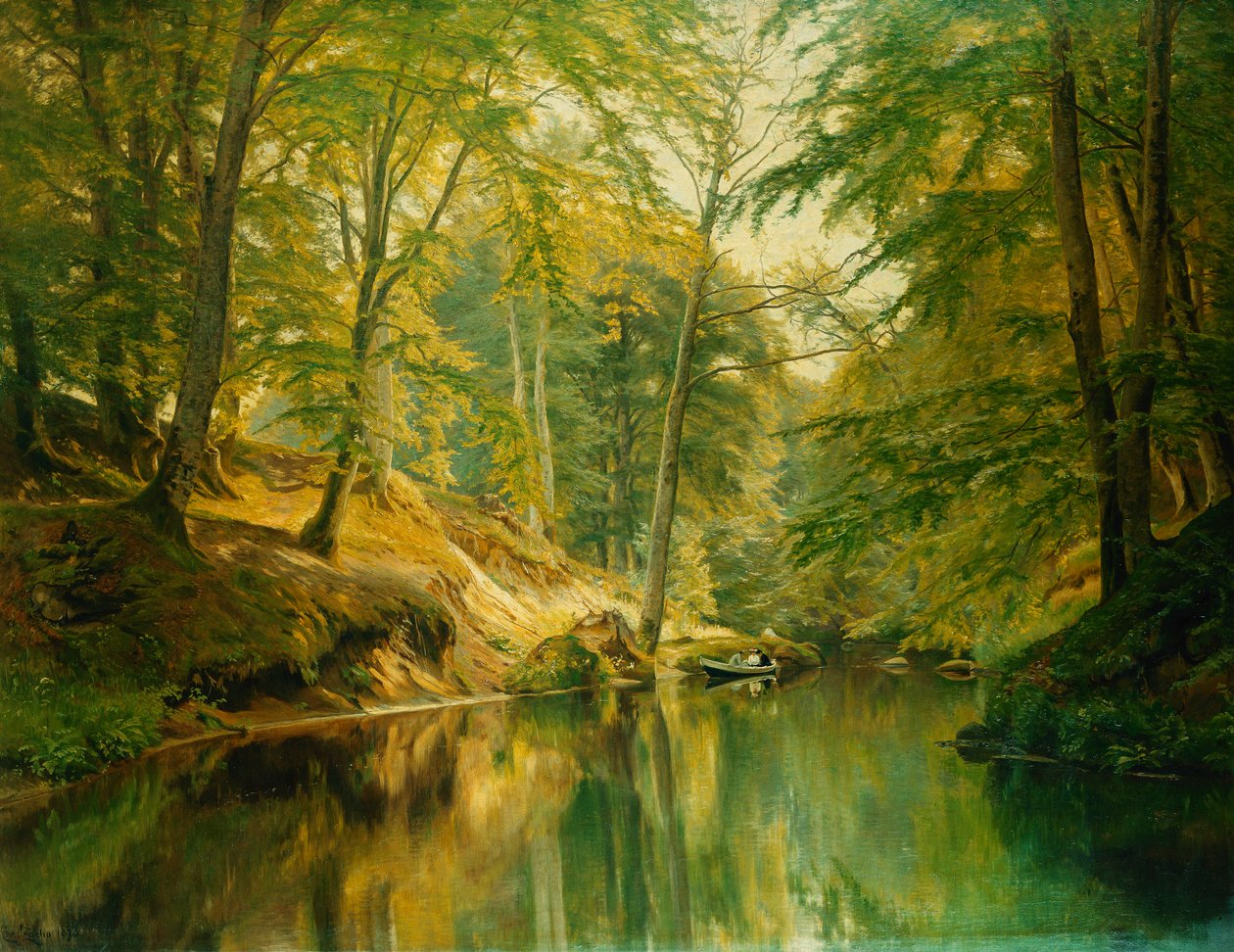 Et skovklædt flodlandskab med figurer i en båd, 1893 af Christian Zacho