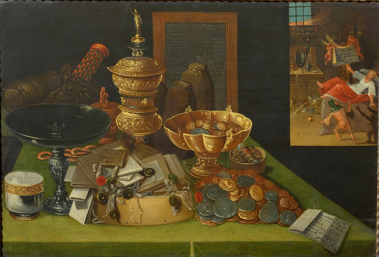Allegori om verdslige rigdomme med scenen for den rige mands død, ca. 1600. af Christian van den Perre