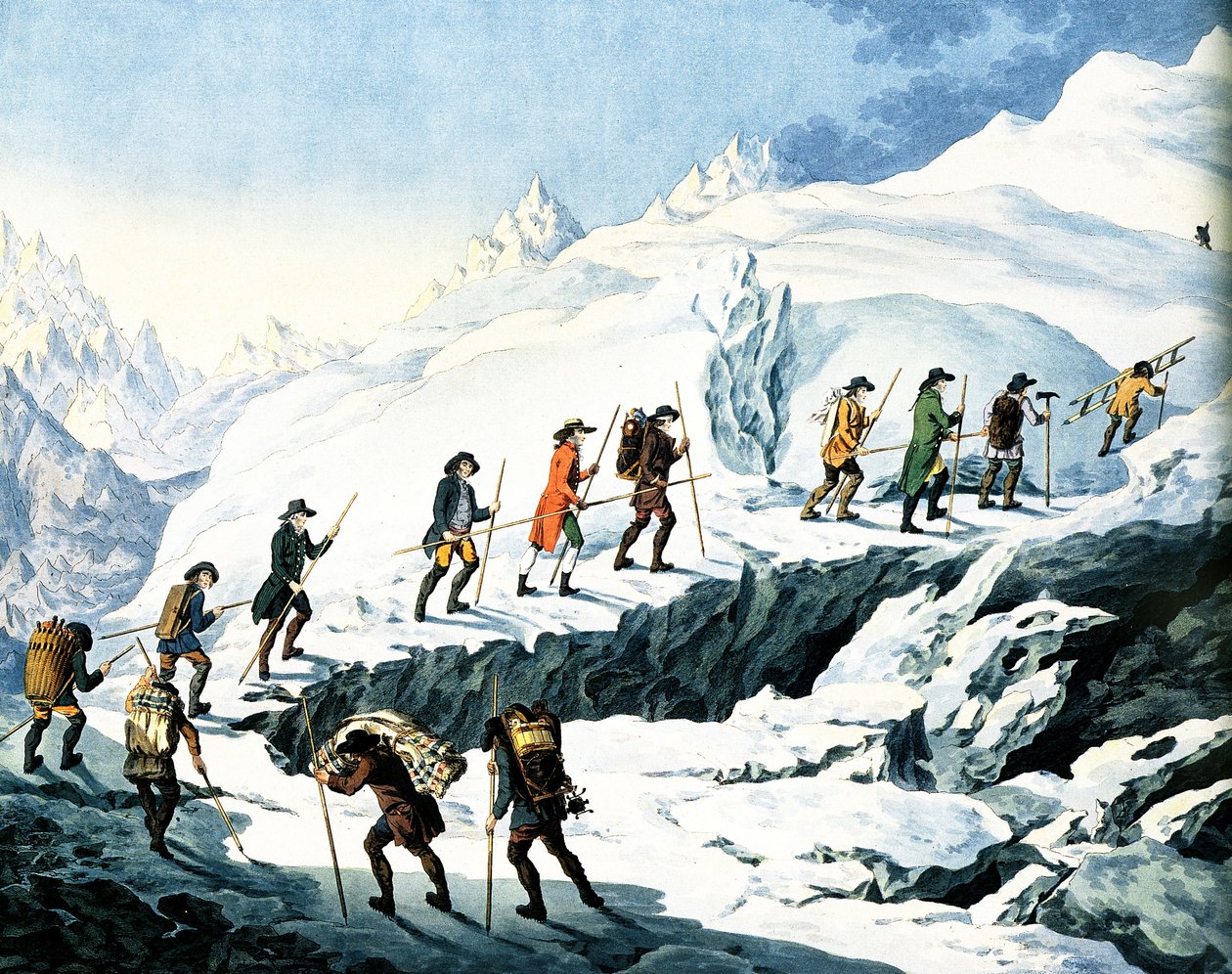 2nd Ascent of the Mont Blanc af Horace-Benedict de Saussure august 1787, farvet gravering af Marquardt Wocher udgivet i 1790 af Christian von Mechel