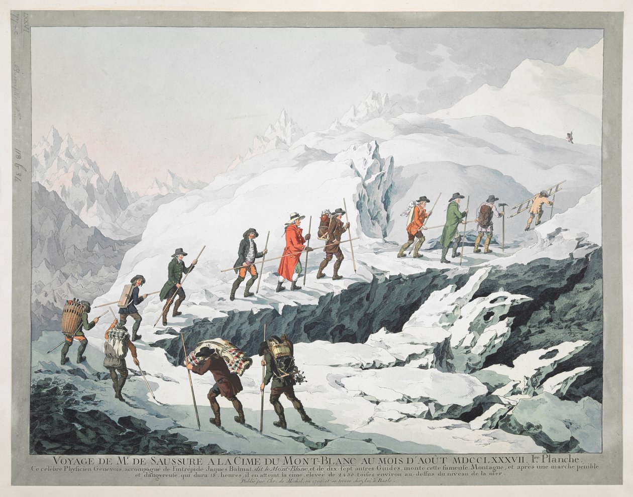 Horace Bénédict de Saussure og hans guider krydser en gletsjer Month Blanc (gravering) af Christian von Mechel