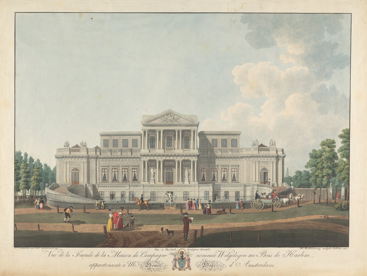 Welgelegen: Udsigt over facaden af ​​Country House ved navn Welgelegen i Harlem Wood, der tilhører Mr. Henry Hope fra Amsterdam af Christian von Mechel