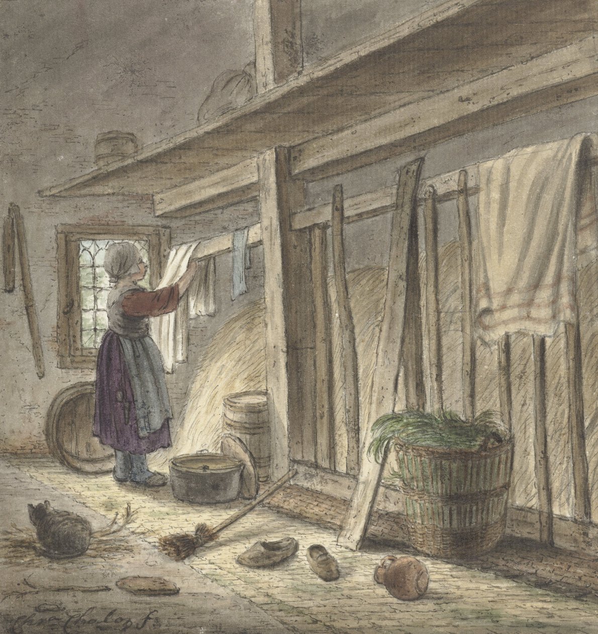 Hjørne af en stald med en pige, der hænger et klæde (1772) af Christina Chalon af Christina Chalon