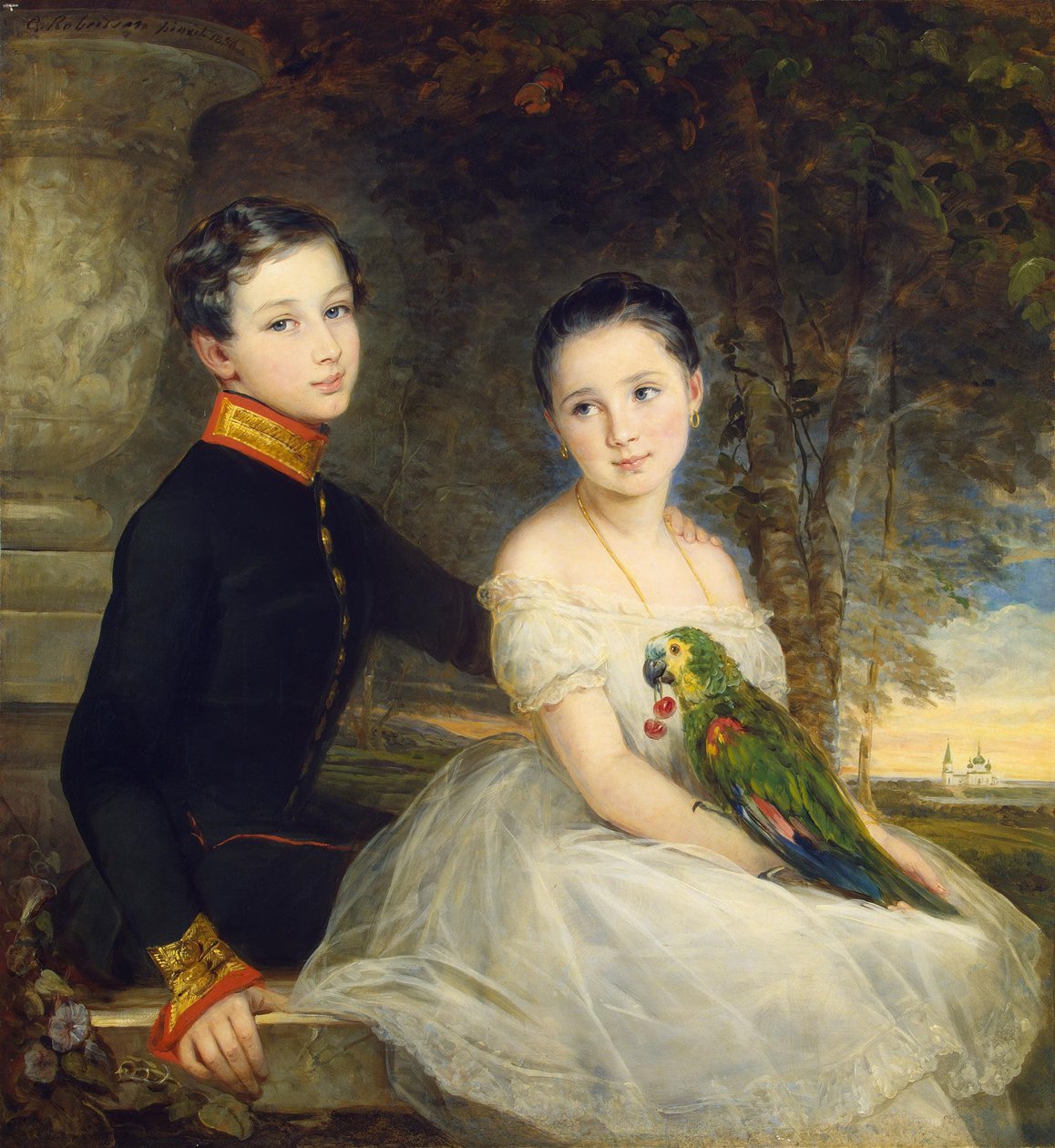 Børn med papegøje af Robertson, Christina (1796-1854) af Christina Robertson