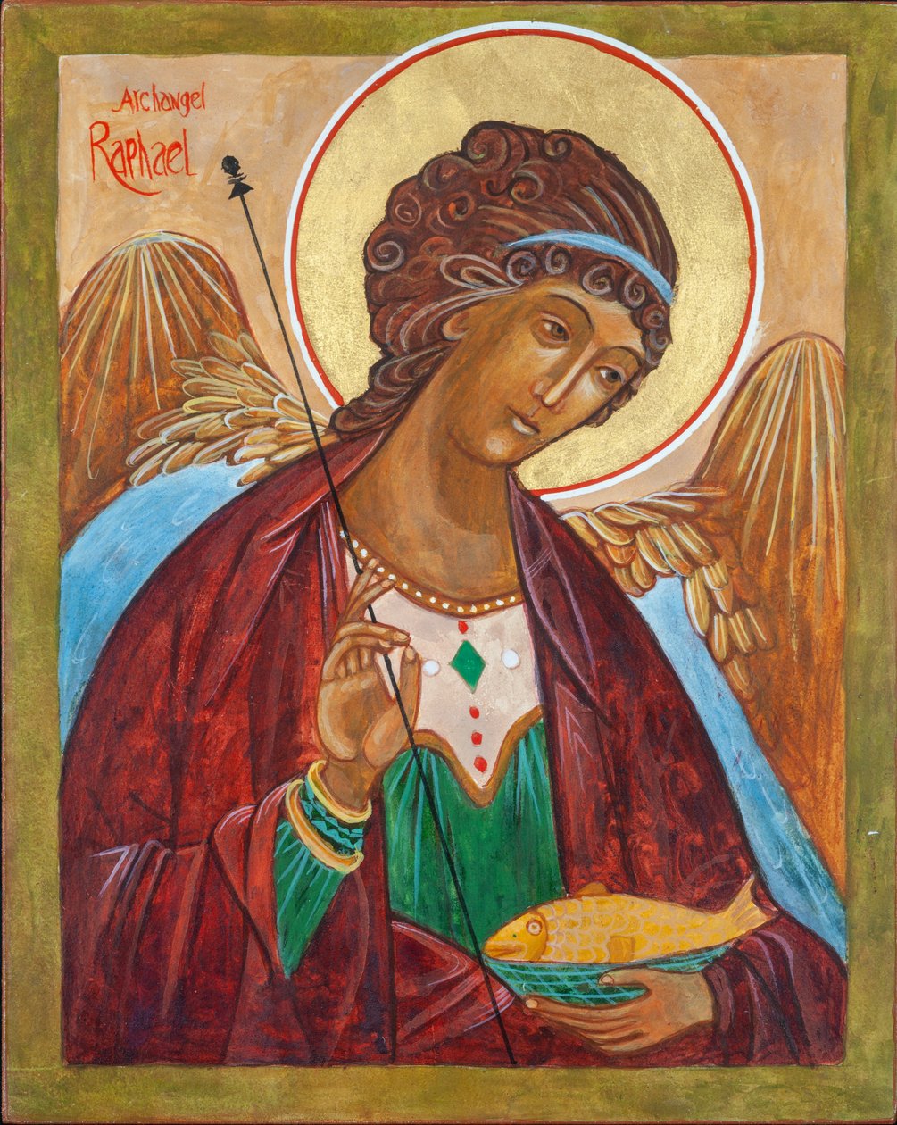 Ærkeenglen Raphael Icon, 2000 (æggetempera, træ, bladguld) af Christine Hales