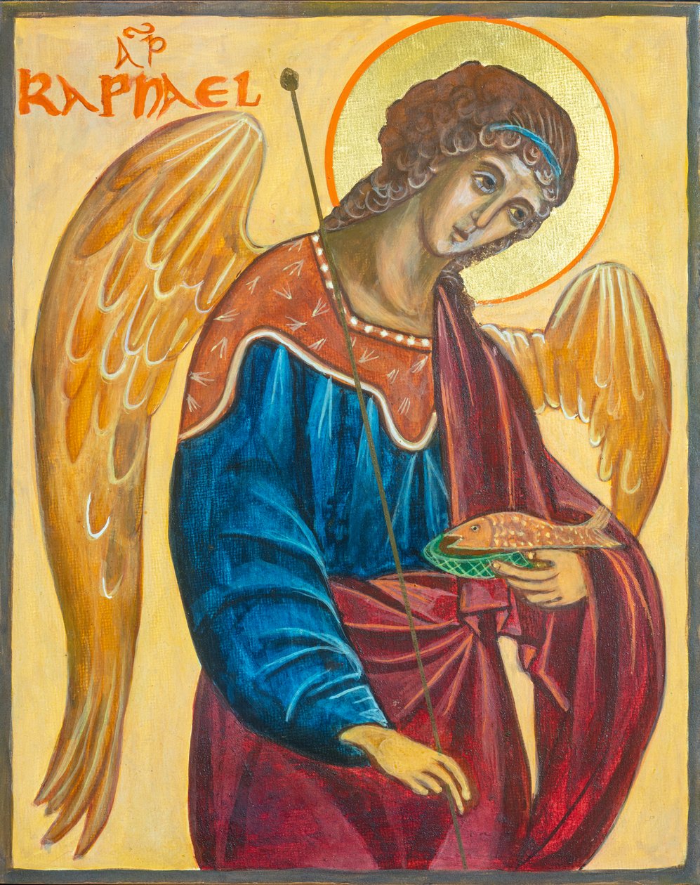 Ærkeenglen Raphael Icon, 2019 (æggetempera, bladguld, træ) af Christine Hales