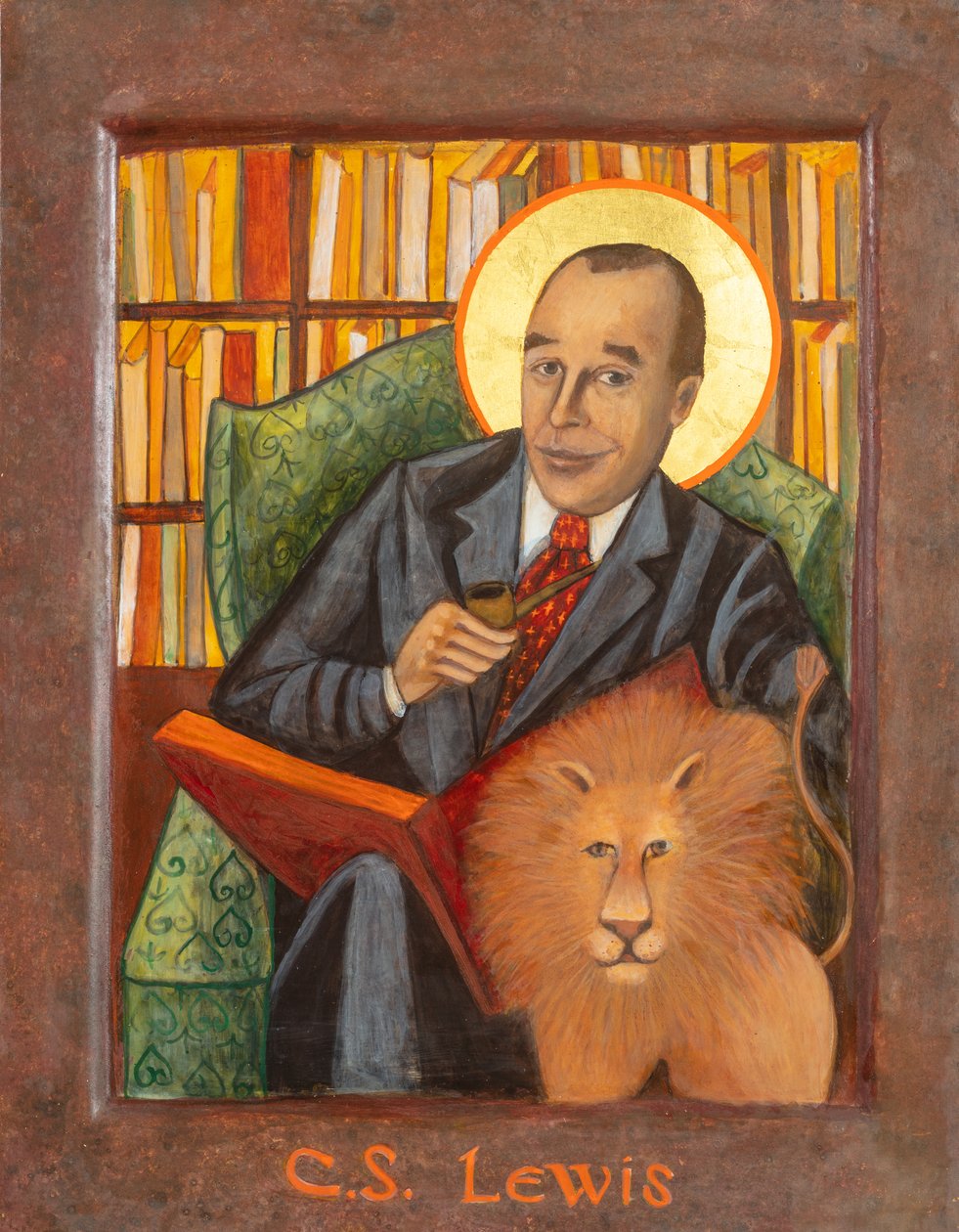 C. S. Lewis Icon, 2021 (æggetempera, bladguld, træ) af Christine Hales