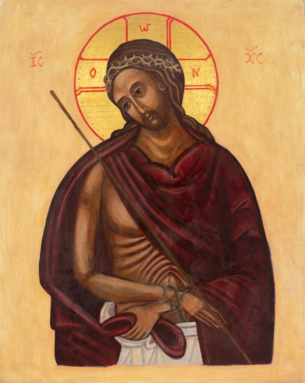 Icon of Man of Sorrows, 2011 (æggetempera, bladguld, træ) af Christine Hales