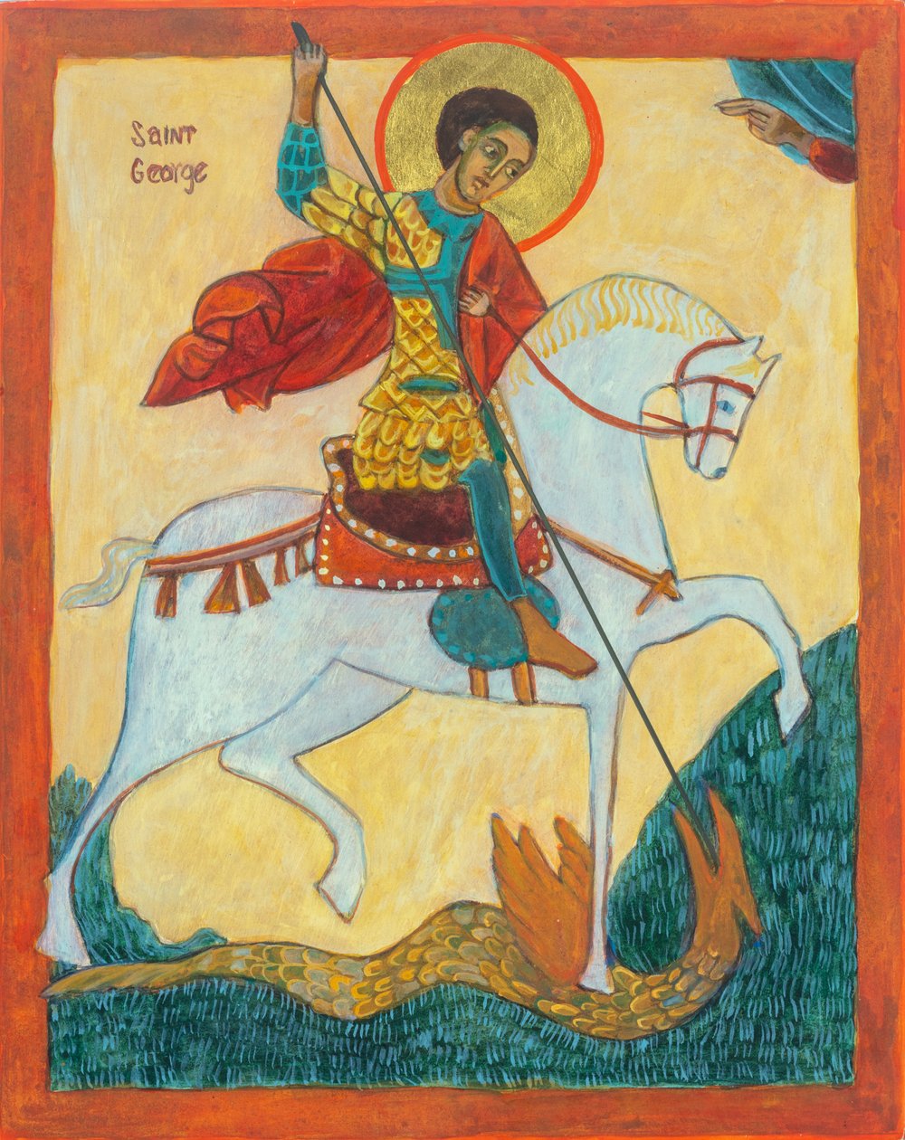 Saint George and Dragon, 2012 (æggetempera, bladguld, træ) af Christine Hales