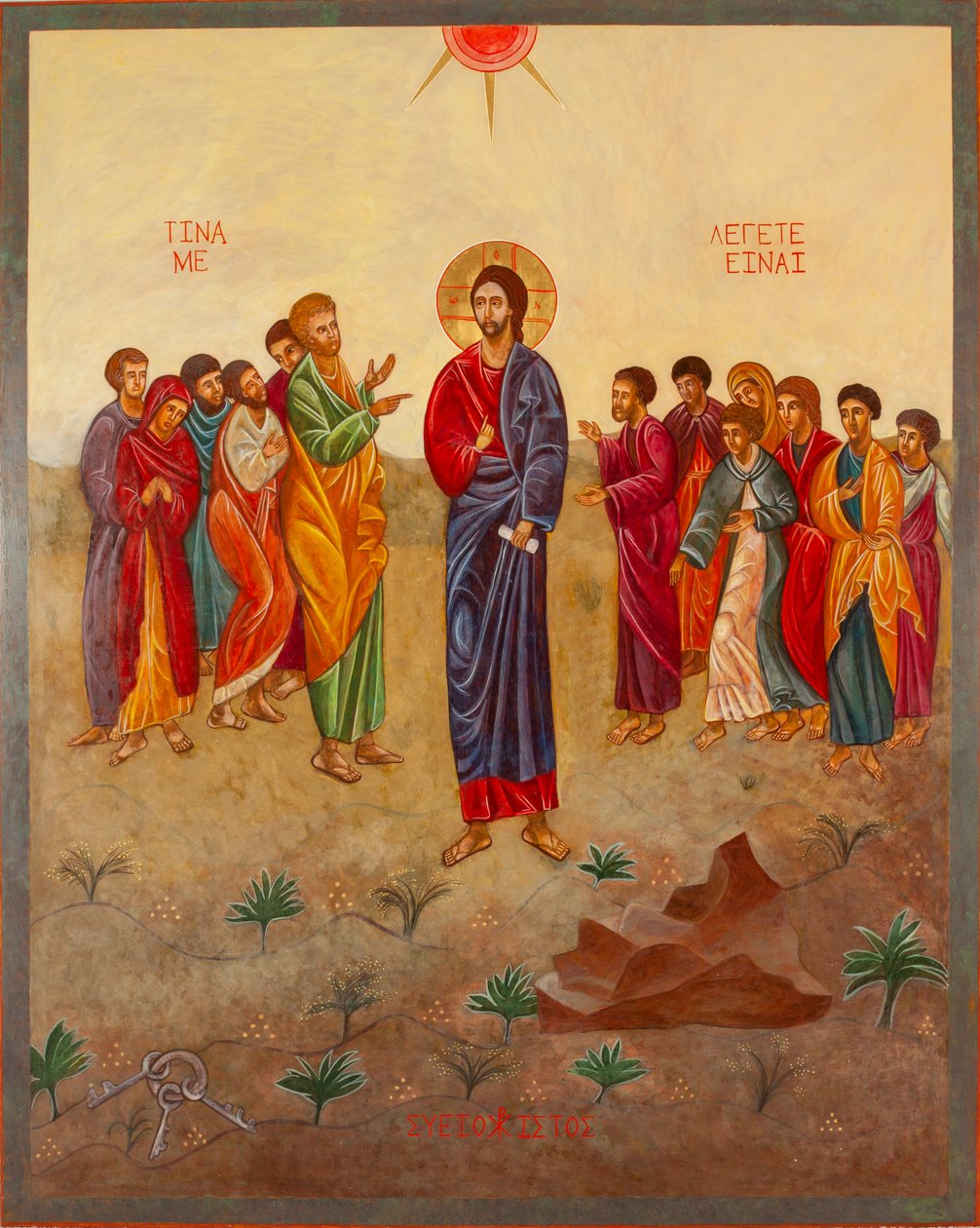 Sankt Peter og Kristus, 2000 (æggetempera, bladguld, træ) af Christine Hales