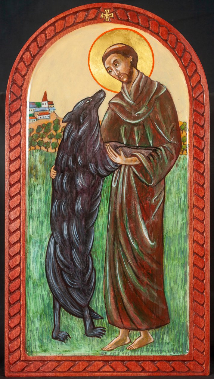 Francis and the Wolf, 2004 (æggetempera, træ, bladguld) af Christine Hales