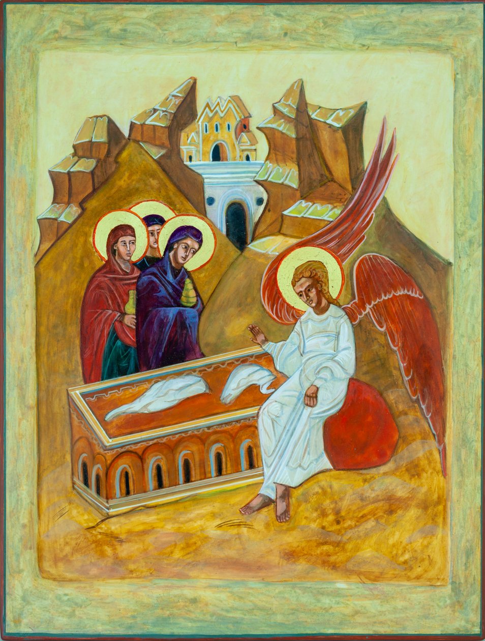 Kvinder ved graven, 2008 (æggetempera på træ, bladguld) af Christine Hales