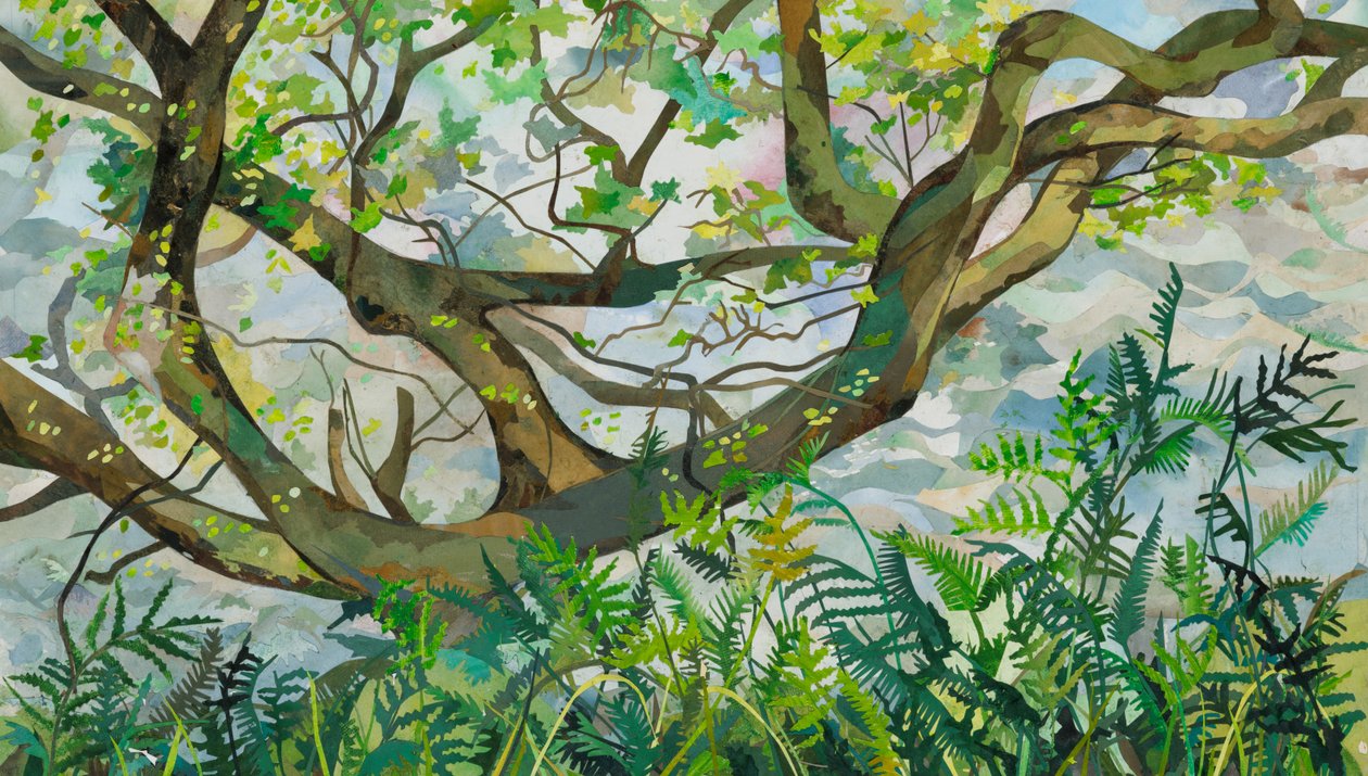 Træ med bregner SeaToller, 2025 (akvarelmalet papircollage) af Christine McKechnie