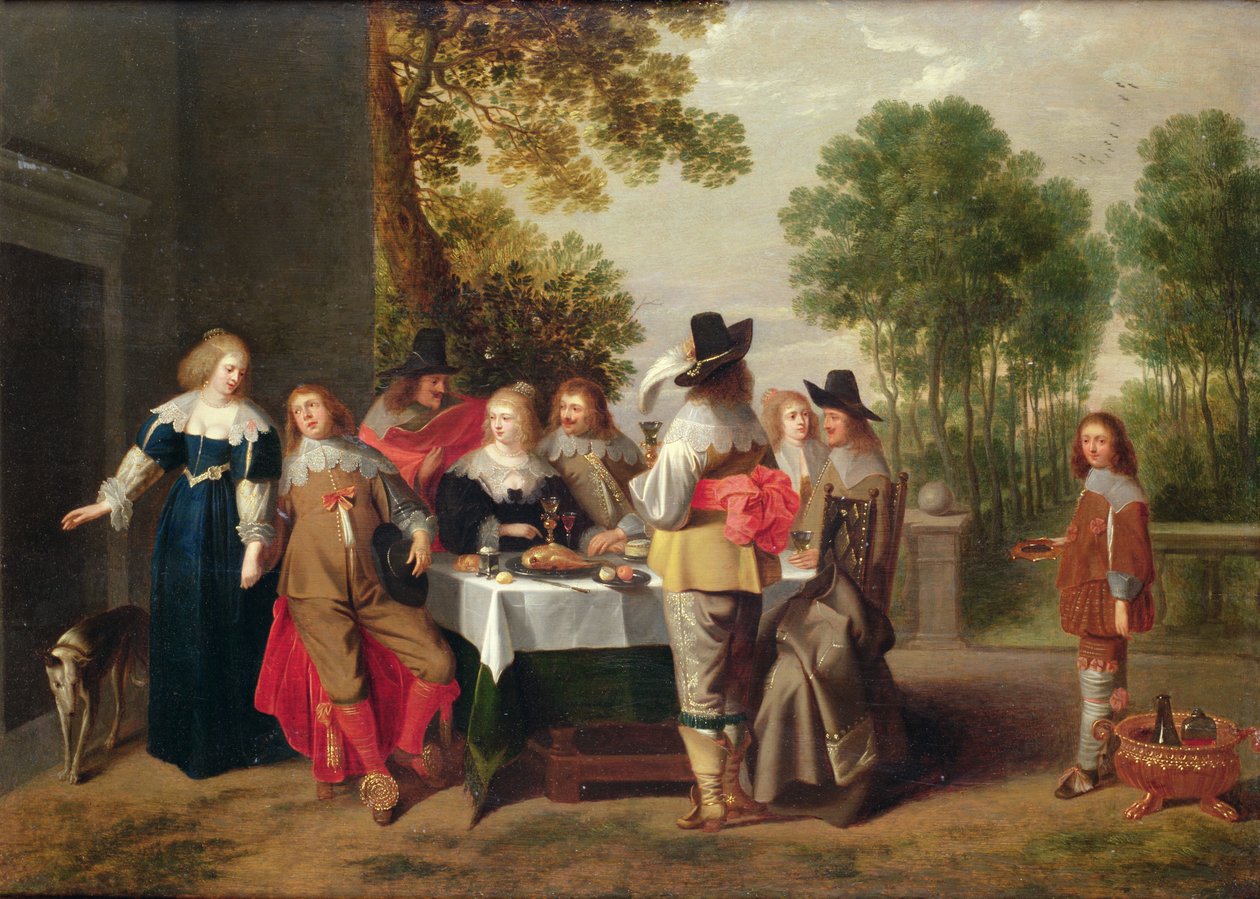 Elegant selskab siddende ved et bord i en formel have (olie på maroufleret panel) af Christoffel Jacobsz van der Lamen