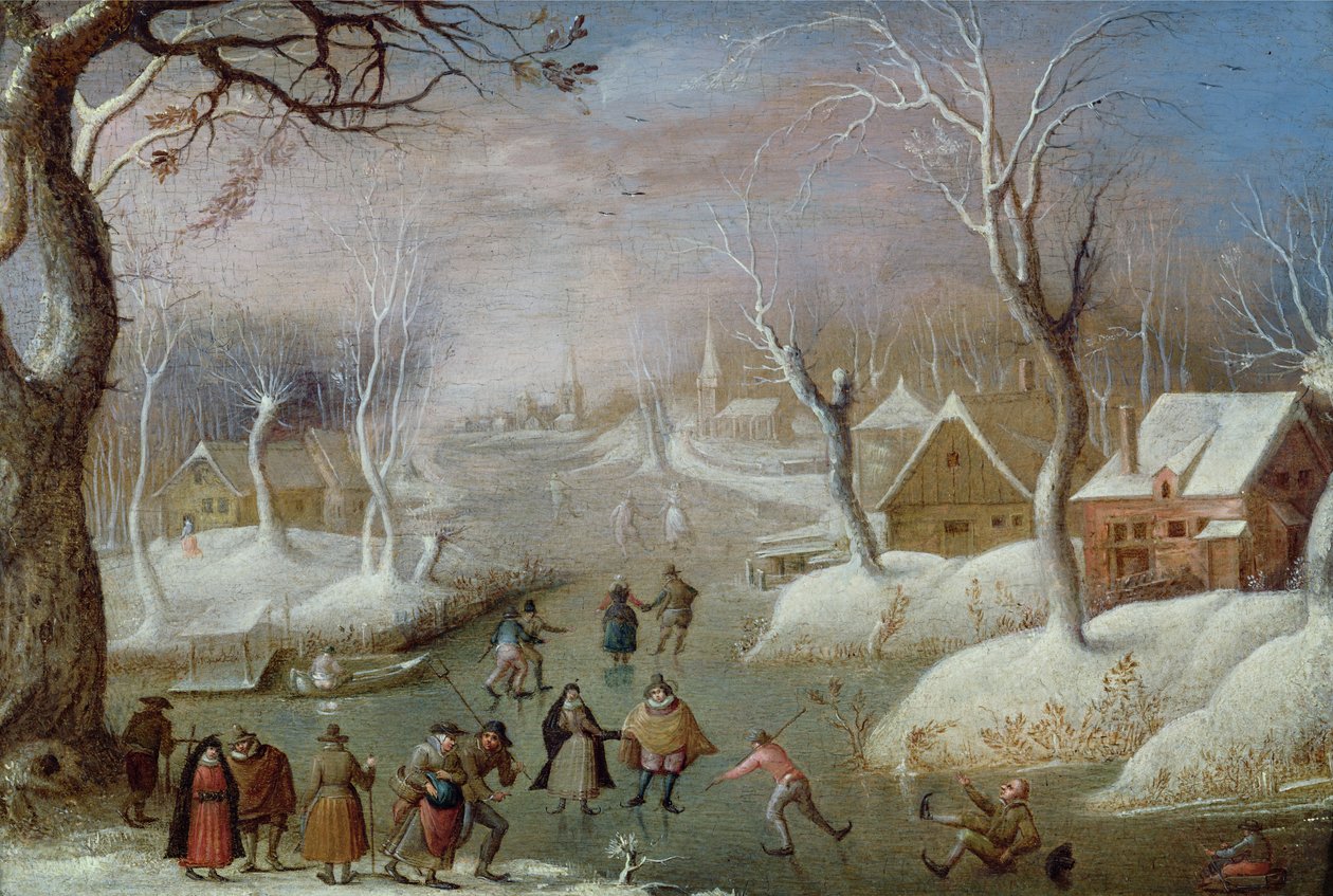 Vinterlandskab med skatere, 1600-tallet af Christoffel van den circle of Berghe