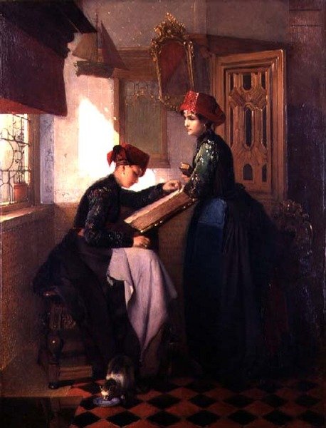 Hindeloopen Girls in an Interior (olie på panel) af Christoffel Bisschop