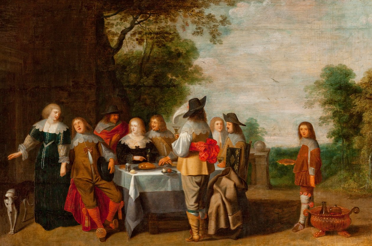 Selskab ved et bord i en park (olie på lærred) af Christoffel Jacobsz Laemen van der