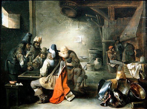 Gruppe af figurer, der spiller backgammon (olie på panel) af Christoffel Jacobsz van der Lamen