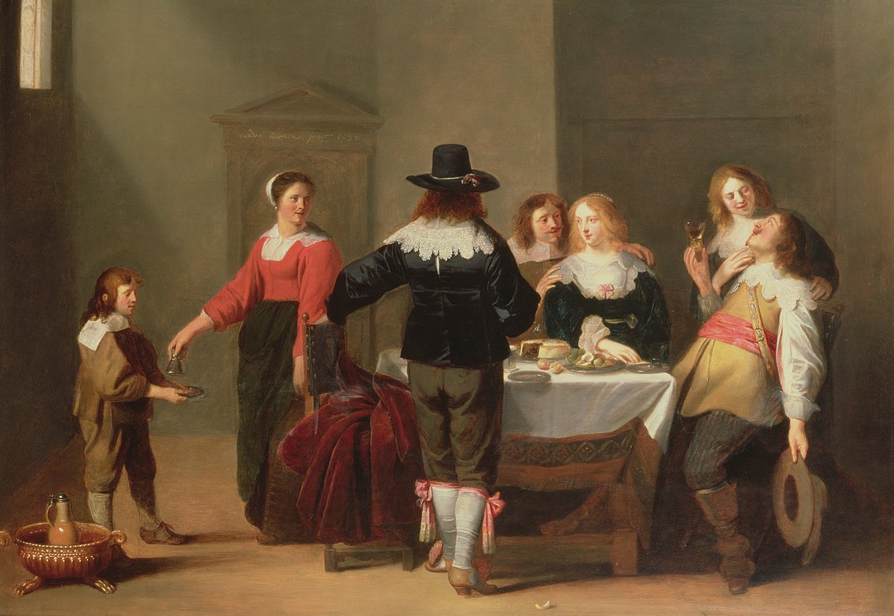 Et vagtværelses interiør med soldater, der spiser og drikker i kvindeligt kompagni, 1639 af Christoffel Jacobsz van der Lamen