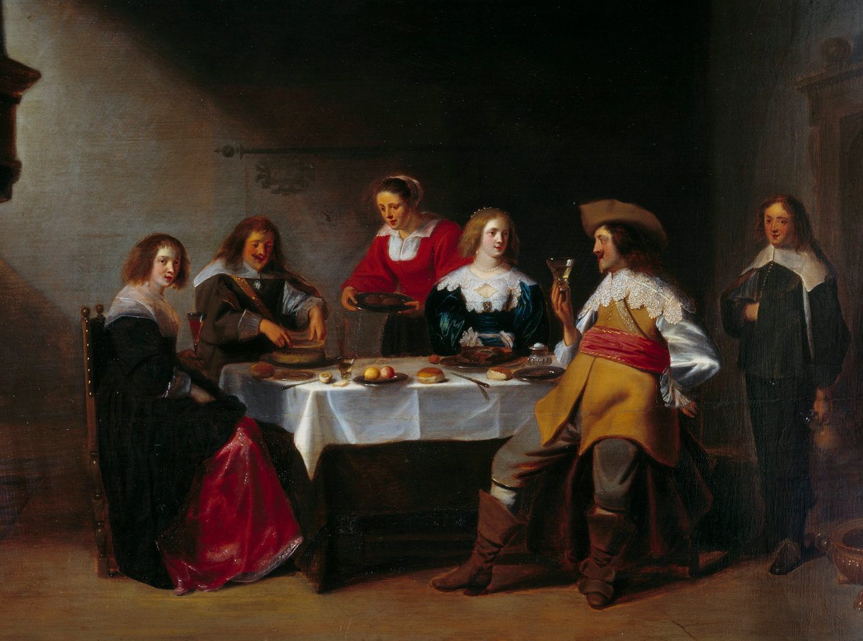 Detalje af "" Company meal"" Maleri af Christophe Van Der Lamen (1606-1651) (ec.flam) Rouen fra det 17. århundrede, Musee des Beaux Arts. af Christoffel Jacobsz van der Lamen