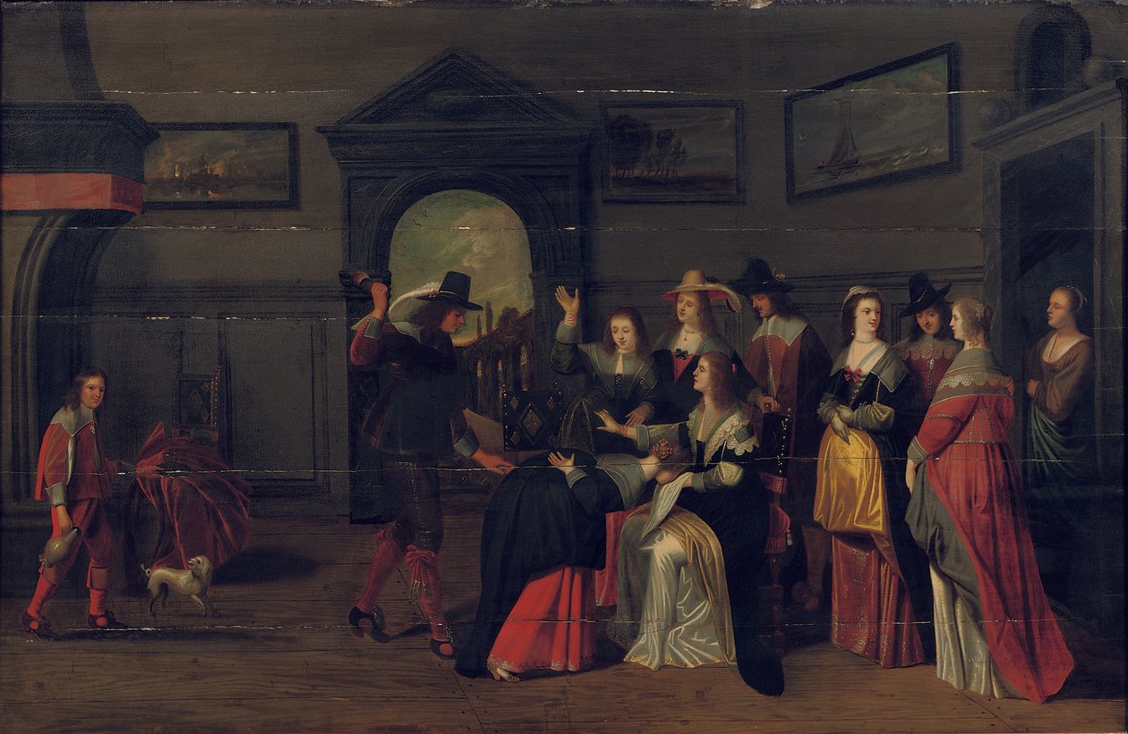 Elegant selskab, der spiller spillet La Main Chaude i et interiør af Christoffel Jacobsz van der Lamen
