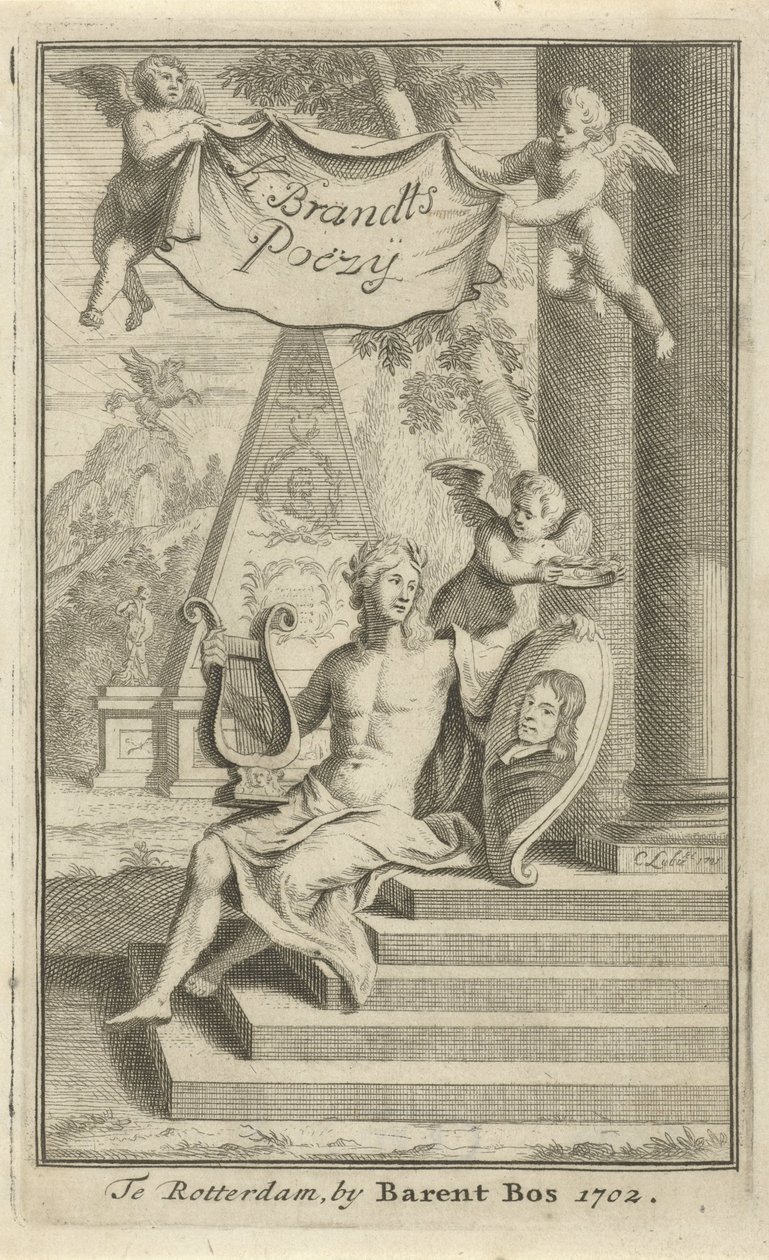 Apollon med portræt af Caspar Brandt Titelblad for: K. Brandt, Poëzy, 1705 af Christoffel Lubienitzki