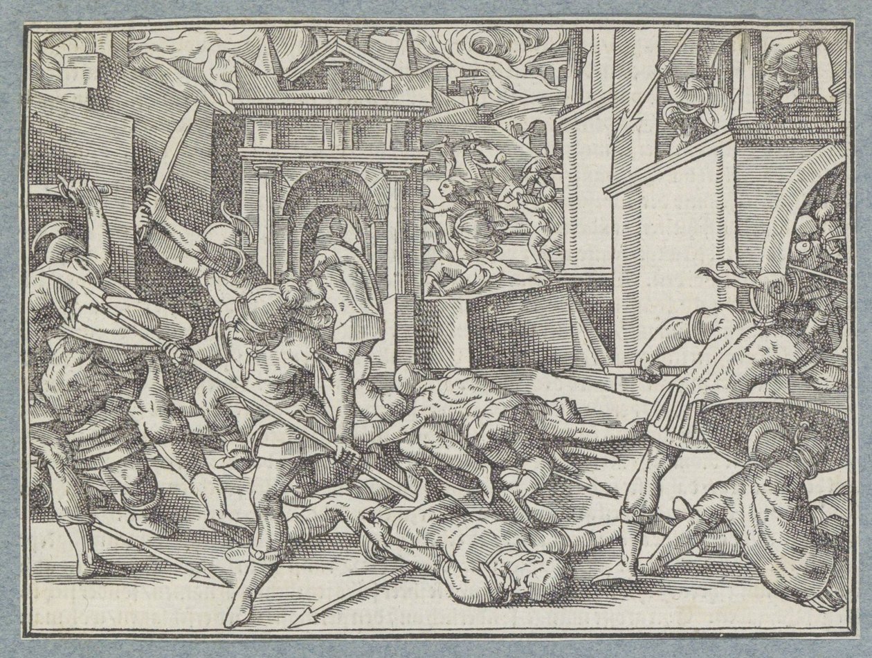 Kæmpende soldater i en by Slaget i Jerusalem af Christoffel van Sichem (I)