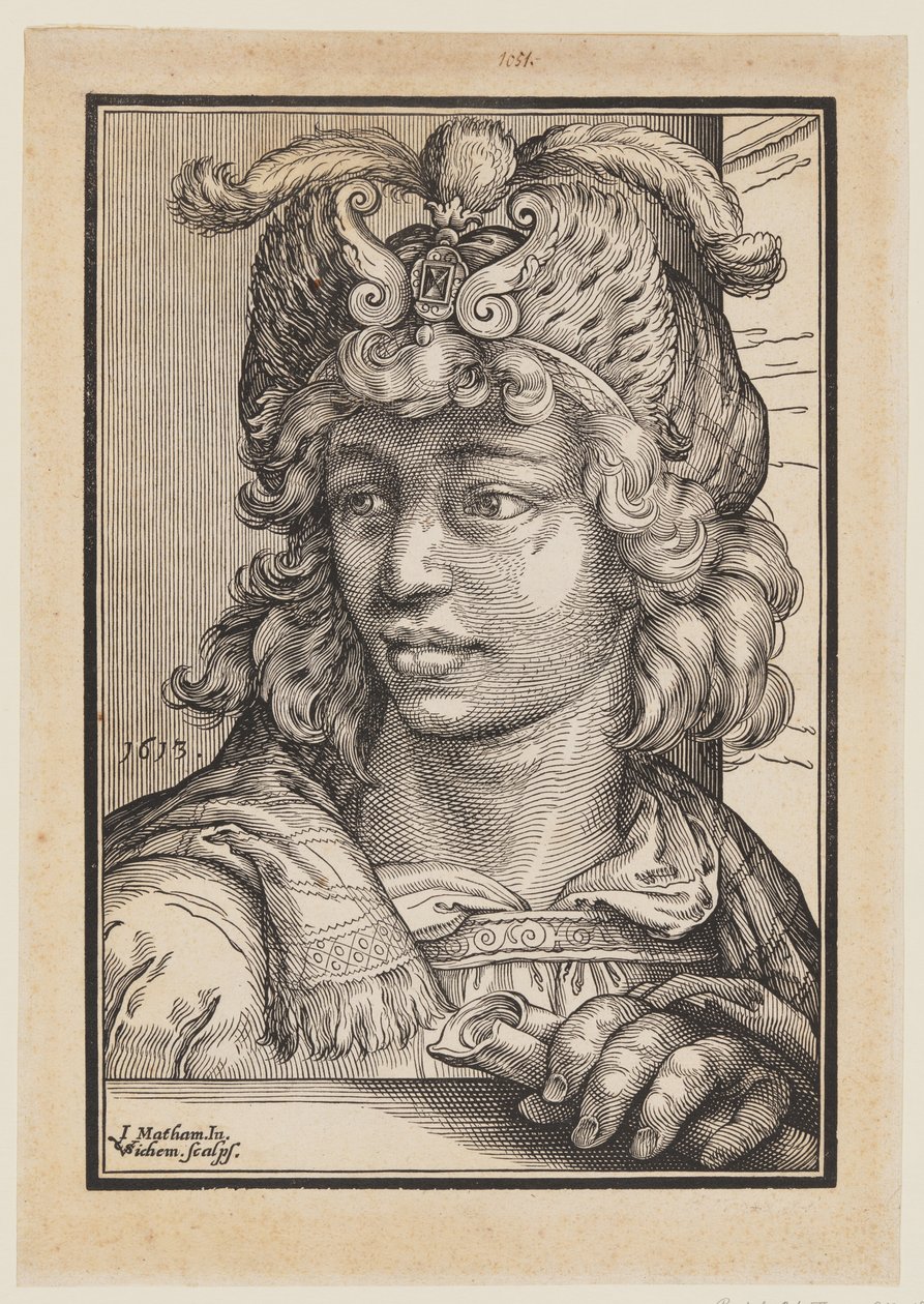 Buste af en ung mand med fjerklædt hue af Christoffel van Sichem I