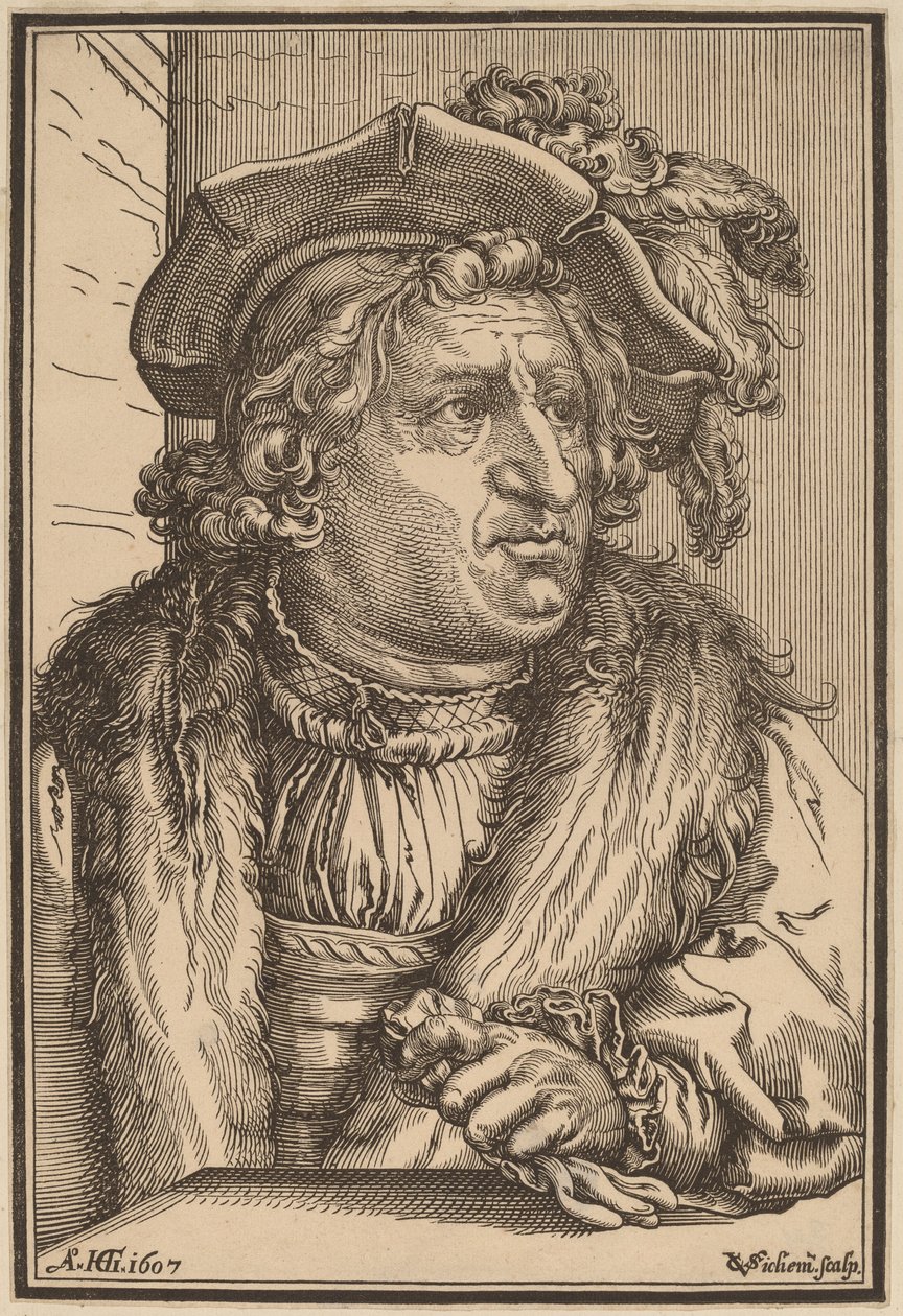 Mand med plymeret kasket af Christoffel van Sichem I after Hendrik Goltzius