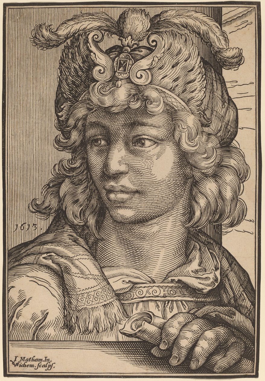 Buste af en ung mand af Christoffel van Sichem I after Jacob Matham