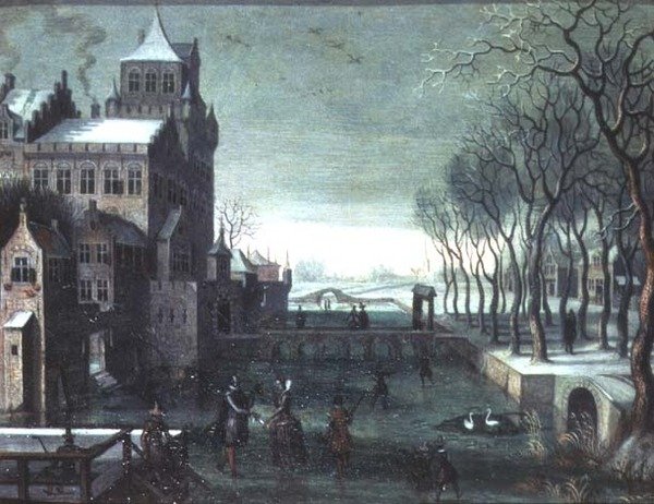 Et vinterlandskab med kunstskøjteløb ved et moated slot af Christoffel van den (circle of) Berghe