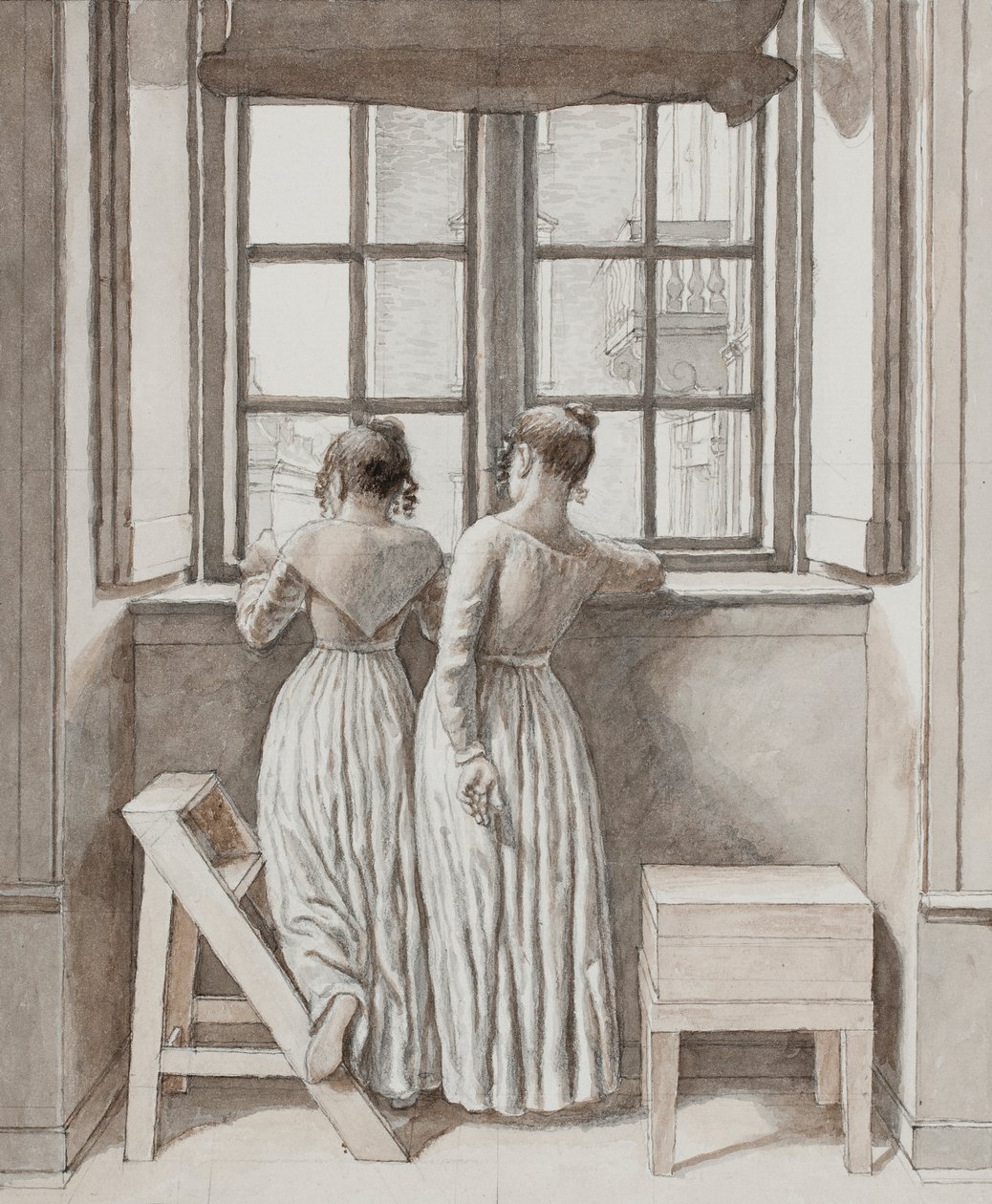 Ved et vindue i kunstnerens atelier, 1852 (Pen, grå blæk og brun vask over blyant indrammet i lyseblå akvarel) af Christoffer Wilhelm Eckersberg