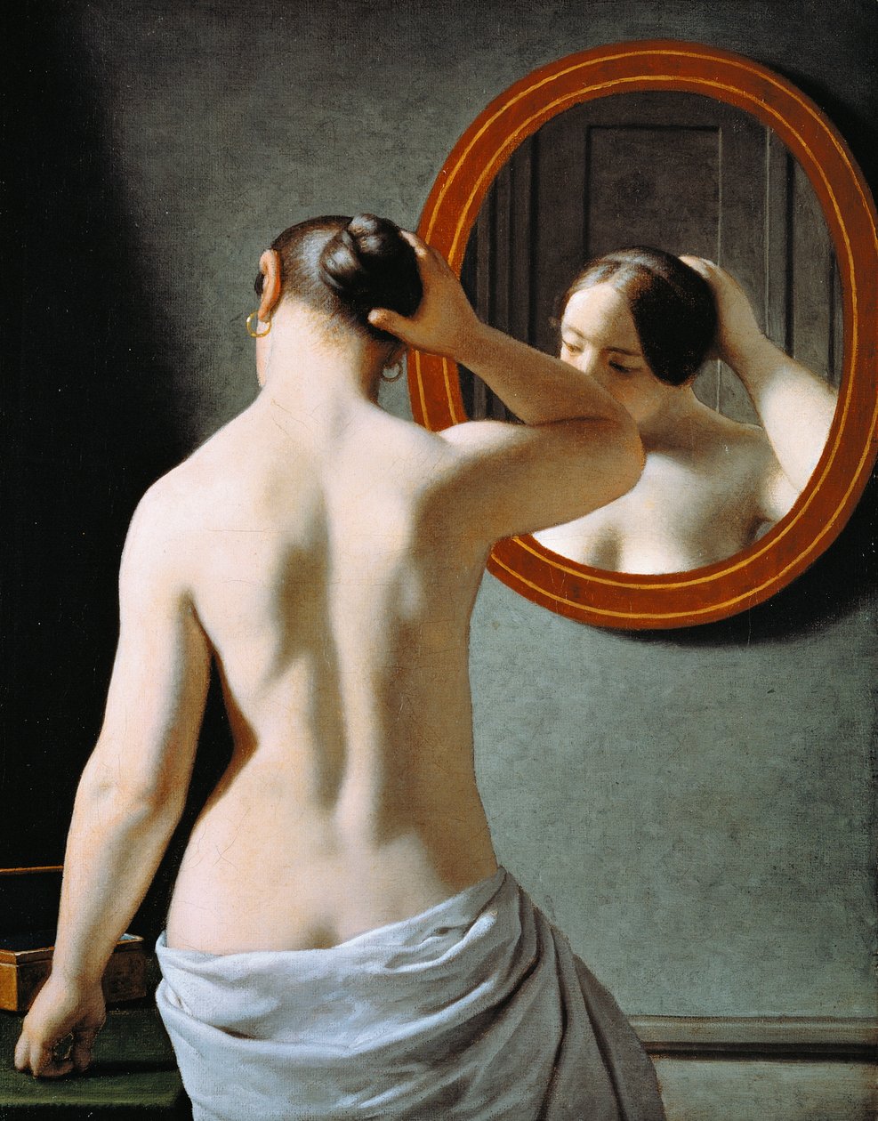 En nøgen kvinde, der laver sit hår foran et spejl af Christoffer Wilhelm Eckersberg