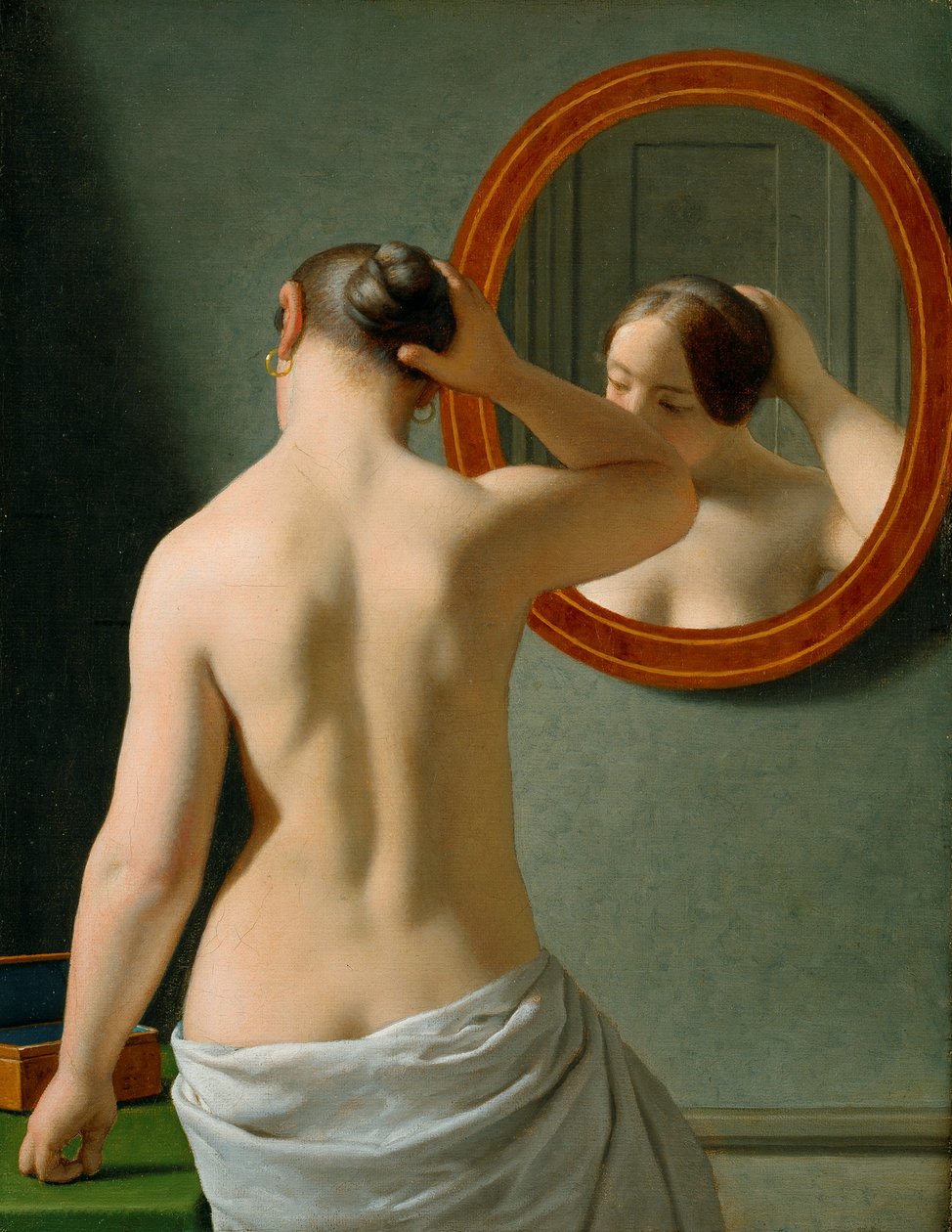 En nøgen kvinde ordner sit hår foran et spejl af Christoffer Wilhelm Eckersberg