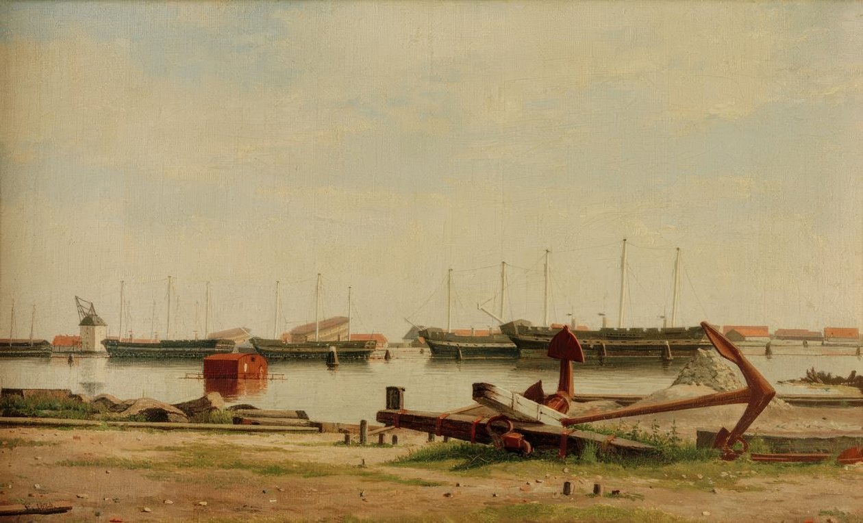 Udsigt over Nyholm med kran og krigsskibe af Christoffer Wilhelm Eckersberg