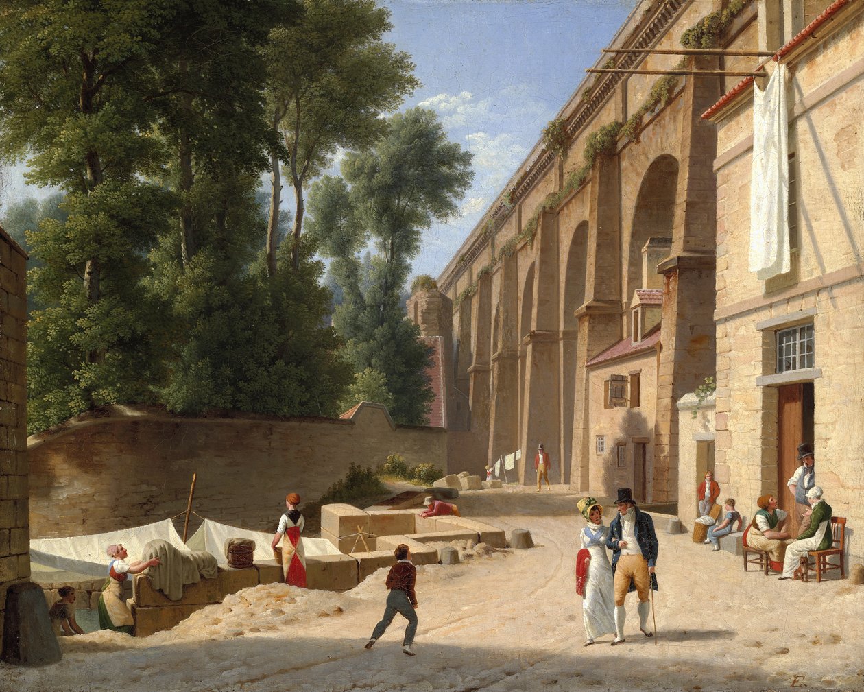 Danish:  Akvædukten i Arcueil Landskabet under akvædukten ved Arcueil nær Paris af Christoffer Wilhelm Eckersberg