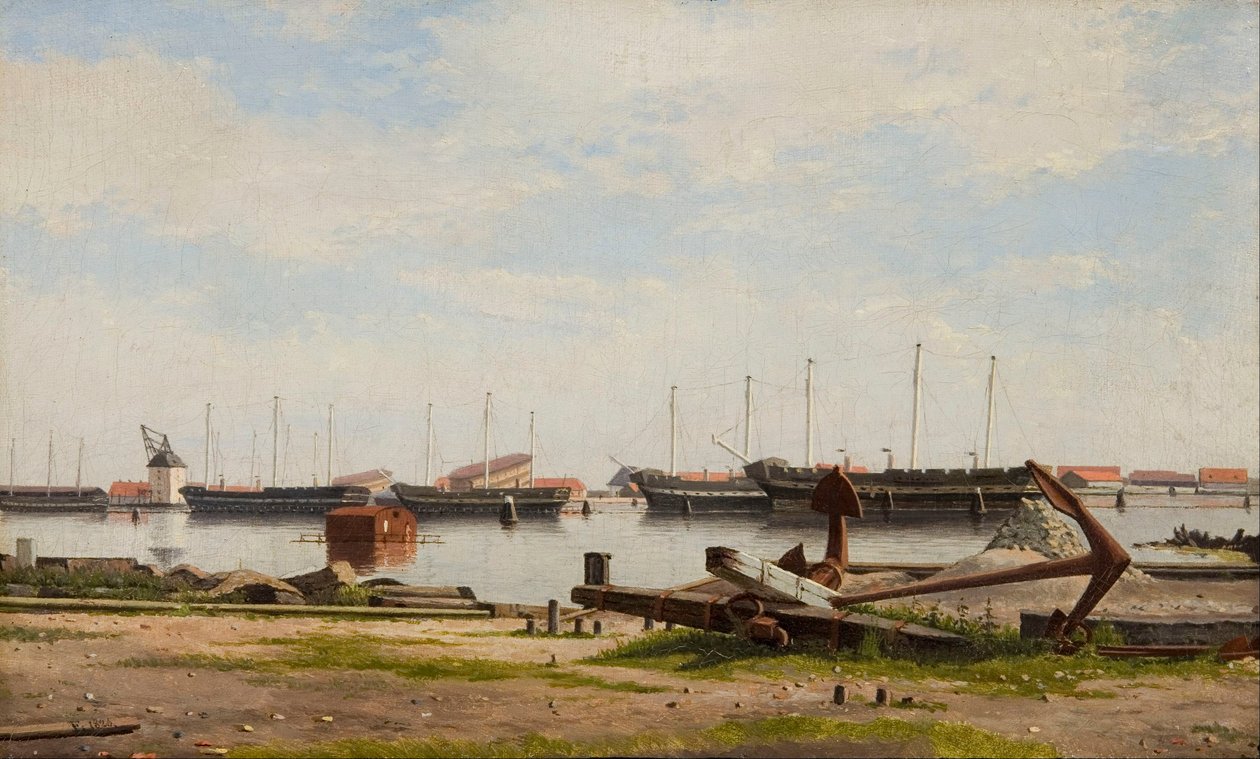 Parti af Nyholm med kranen og nogle krigsskibe af Christoffer Wilhelm Eckersberg