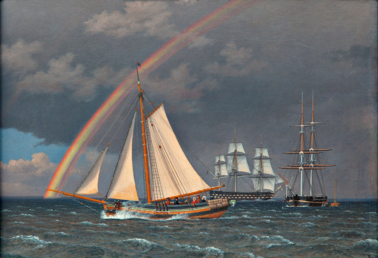 Regnbue på havet med nogle krydstogtskibe af Christoffer Wilhelm Eckersberg