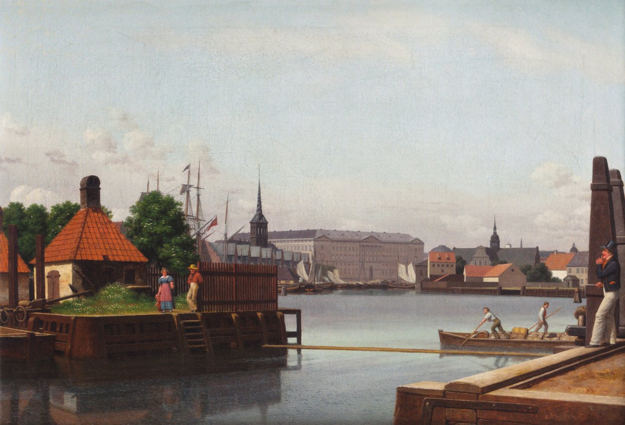Bourse, Christiansborg og Holmens kirke, set fra stedet for det asiatiske kompagni. af Christoffer Wilhelm Eckersberg