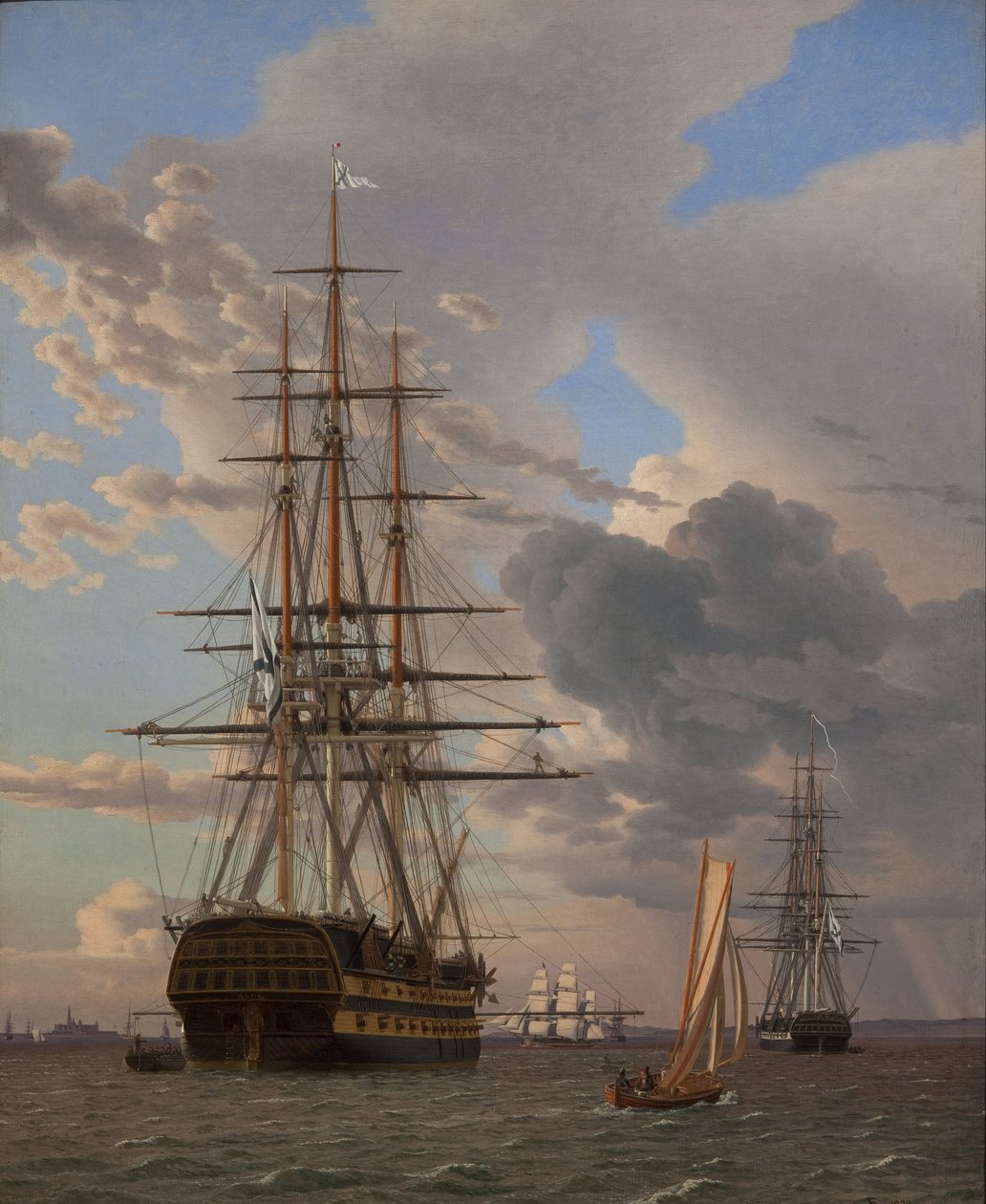 Det russiske linjeskib "Asow" og en fregat for anker i Helsingørs farvand af Christoffer Wilhelm Eckersberg